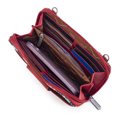 WG221-183  Wrangler Aztec Distressed Print Dual Sided Print Phone Wallet Crossbody-Burgundy
