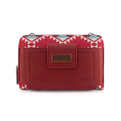 WG221-183  Wrangler Aztec Distressed Print Dual Sided Print Phone Wallet Crossbody-Burgundy