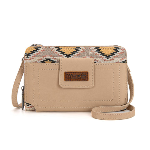 WG221-183  Wrangler Aztec Distressed Print Dual Sided Print Phone Wallet Crossbody-Beige