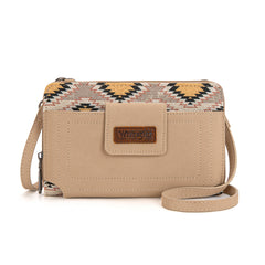 WG221-183  Wrangler Aztec Distressed Print Dual Sided Print Phone Wallet Crossbody-Beige