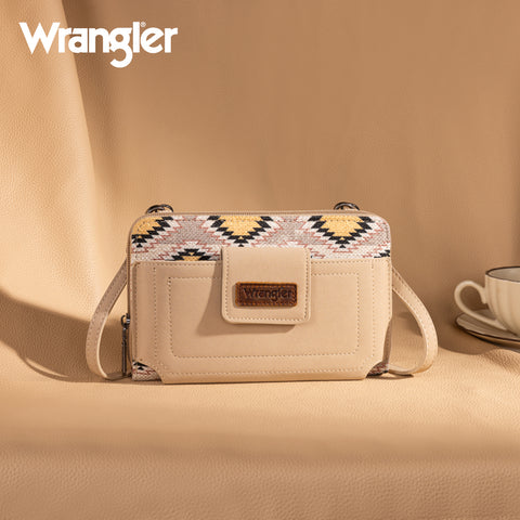 WG221-183  Wrangler Aztec Distressed Print Dual Sided Print Phone Wallet Crossbody-Beige