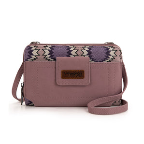 WG221-183  Wrangler Aztec Distressed Print Dual Sided Print Phone Wallet Crossbody-Light Purple