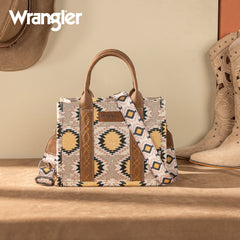 WG221-8120  Wrangler Aztec Distressed Print Dual Sided Print -Tote/Crossbody -Beige