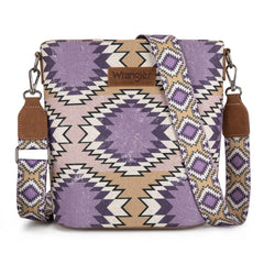 WG221-8360  Wrangler Aztec Distressed Print Dual Sided Print Crossbody-Purple