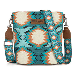 WG221-8360  Wrangler Aztec Distressed Print Dual Sided Print Crossbody-Turquoise