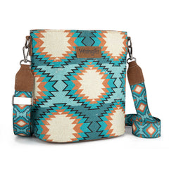 WG221-8360  Wrangler Aztec Distressed Print Dual Sided Print Crossbody-Turquoise