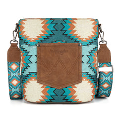 WG221-8360  Wrangler Aztec Distressed Print Dual Sided Print Crossbody-Turquoise