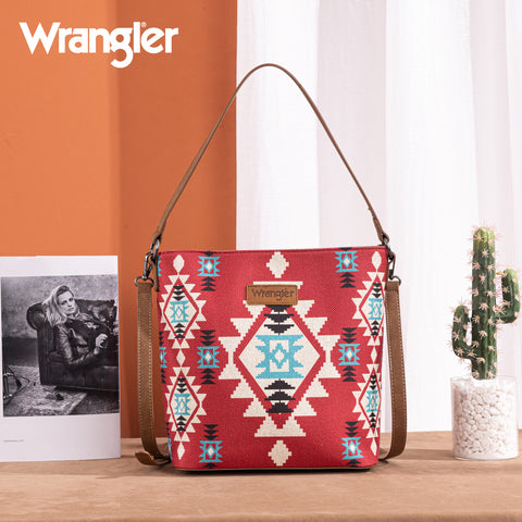 WG221-918  Wrangler Aztec Distressed Print Dual Sided Print Hobo Bag/Crossbody-Burgundy