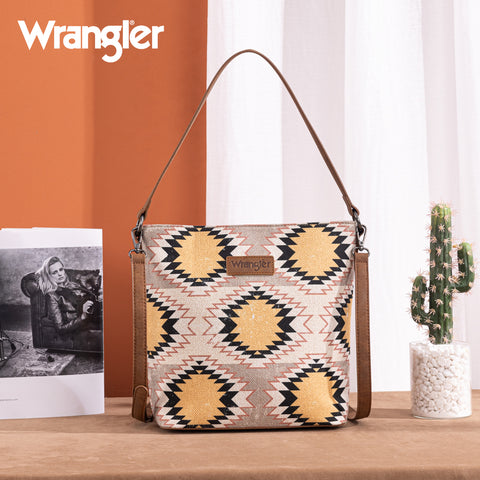 WG221-918  Wrangler Aztec Distressed Print Dual Sided Print Hobo Bag/Crossbody-Beige