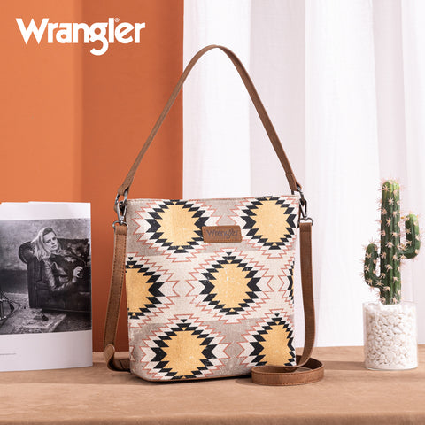 WG221-918  Wrangler Aztec Distressed Print Dual Sided Print Hobo Bag/Crossbody-Beige