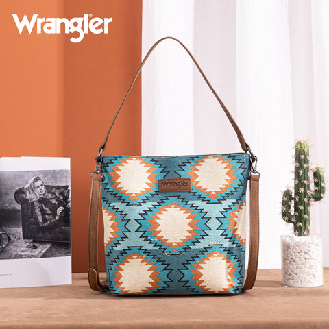 WG221-918  Wrangler Aztec Distressed Print Dual Sided Print Hobo Bag/Crossbody-Turquoise