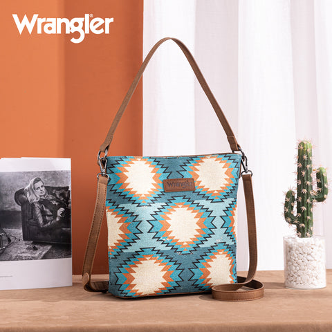WG221-918  Wrangler Aztec Distressed Print Dual Sided Print Hobo Bag/Crossbody-Turquoise
