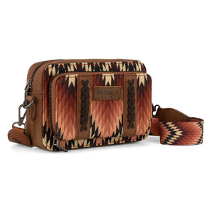 WG2211-3003 Wrangler Southwestern Pattern Dual Sided Print Crossbody Purse With Wallet Compartment - Brown
