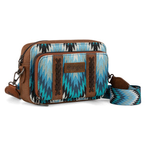 WG2211-3003 Wrangler Southwestern Pattern Dual Sided Print Crossbody Purse With Wallet Compartment - Jean
