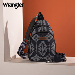 WG2212-226  Wrangler Southwestern  Print Small Canvas Sling Bag/Crossbody/Chest Bag -  Black