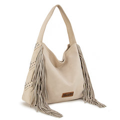 WG244-9182  Wrangler Fringe Studded Hobo Bag- Beige