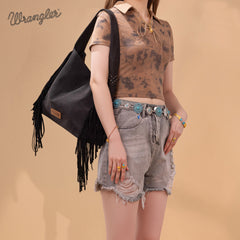WG244-9182  Wrangler Fringe Studded Hobo Bag- Black