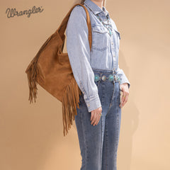 WG244-9182  Wrangler Fringe Studded Hobo Bag- Brown
