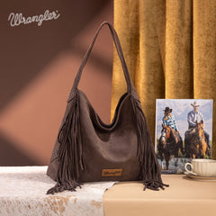WG244-9182  Wrangler Fringe Studded Hobo Bag- Coffee