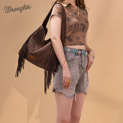 WG244-9182  Wrangler Fringe Studded Hobo Bag- Coffee