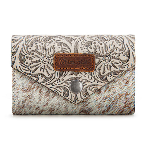 WG224-W070 Wrangler Genuine Hair-On Cowhide Floral Tooled Card Holder - Beige