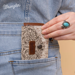 WG224-W070 Wrangler Genuine Hair-On Cowhide Floral Tooled Card Holder - Beige
