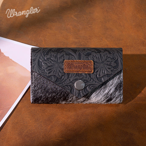 WG224-W070 Wrangler Genuine Hair-On Cowhide Floral Tooled Card Holder - Black