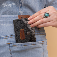WG224-W070 Wrangler Genuine Hair-On Cowhide Floral Tooled Card Holder - Black