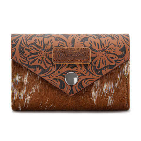 WG224-W070  Wrangler Genuine Hair-On Cowhide Floral Tooled  Wallet - Brown