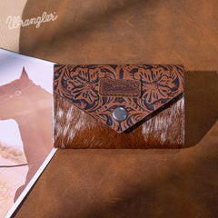 WG224-W070  Wrangler Genuine Hair-On Cowhide Floral Tooled  Wallet - Brown