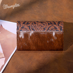 WG224-W070  Wrangler Genuine Hair-On Cowhide Floral Tooled  Wallet - Brown