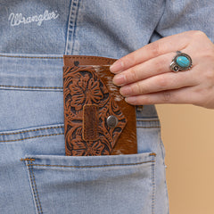 WG224-W070  Wrangler Genuine Hair-On Cowhide Floral Tooled  Wallet - Brown