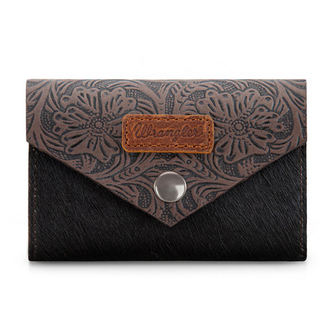 WG224-W070 Wrangler Genuine Hair-On Cowhide Floral Tooled Card Holder - Coffee