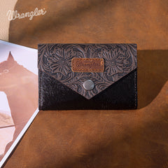 WG224-W070 Wrangler Genuine Hair-On Cowhide Floral Tooled Card Holder - Coffee