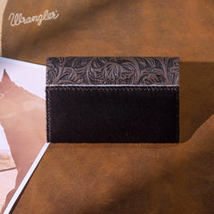 WG224-W070 Wrangler Genuine Hair-On Cowhide Floral Tooled Card Holder - Coffee