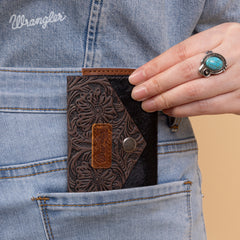 WG224-W070 Wrangler Genuine Hair-On Cowhide Floral Tooled Card Holder - Coffee