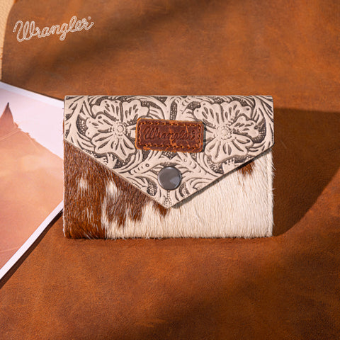WG224-W070 Wrangler Genuine Hair-On Cowhide Floral Tooled Card Holder - Tan
