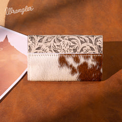 WG224-W070 Wrangler Genuine Hair-On Cowhide Floral Tooled Card Holder - Tan