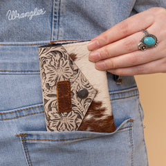 WG224-W070 Wrangler Genuine Hair-On Cowhide Floral Tooled Card Holder - Tan