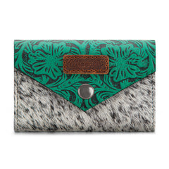 WG224-W070 Wrangler Genuine Hair-On Cowhide Floral Tooled Card Holder - Turquoise