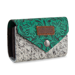 WG224-W070 Wrangler Genuine Hair-On Cowhide Floral Tooled Card Holder - Turquoise