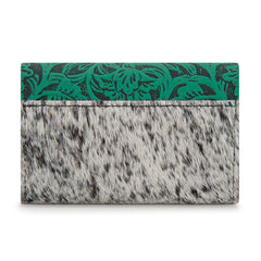 WG224-W070 Wrangler Genuine Hair-On Cowhide Floral Tooled Card Holder - Turquoise