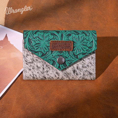 WG224-W070 Wrangler Genuine Hair-On Cowhide Floral Tooled Card Holder - Turquoise