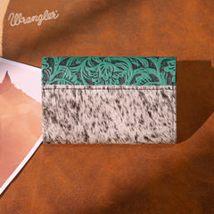 WG224-W070 Wrangler Genuine Hair-On Cowhide Floral Tooled Card Holder - Turquoise