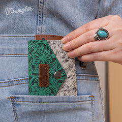 WG224-W070 Wrangler Genuine Hair-On Cowhide Floral Tooled Card Holder - Turquoise