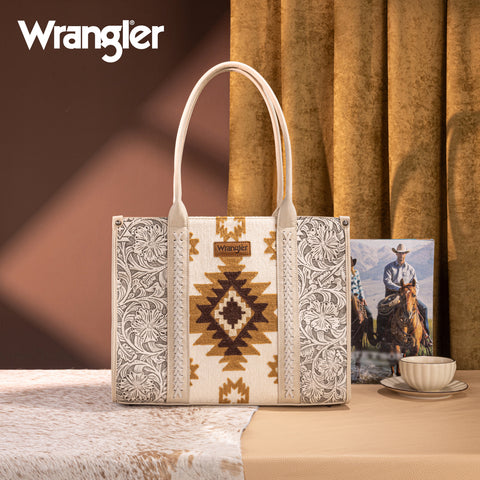 WG226G-8119  Wrangler Tooled Aztec Pattern Print Concealed Carry Large Tote -Beige