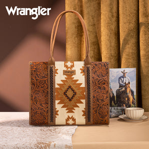 WG226G-8119 Wrangler Vintage Tooled Aztec Pattern Print Concealed Carry Large Tote - Brown
