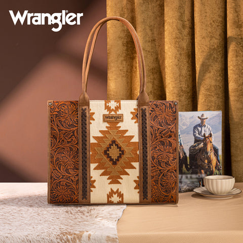 WG226G-8119  Wrangler Vintage Tooled Aztec Pattern Print Concealed Carry Large Tote -Brown