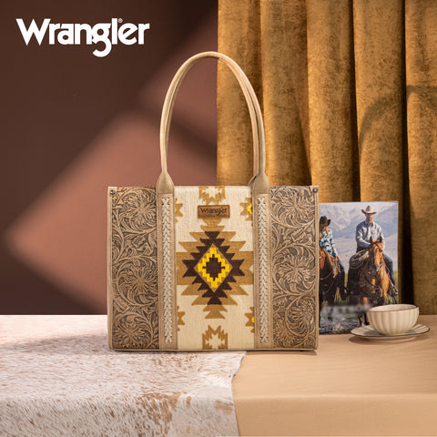 WG226G-8119  Wrangler Tooled Aztec Pattern Print Concealed Carry Large Tote -Tan