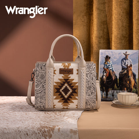 WG226-8120  Wrangler Tooled Aztec Pattern Print Concealed Carry Tote/Crossbody -Beige